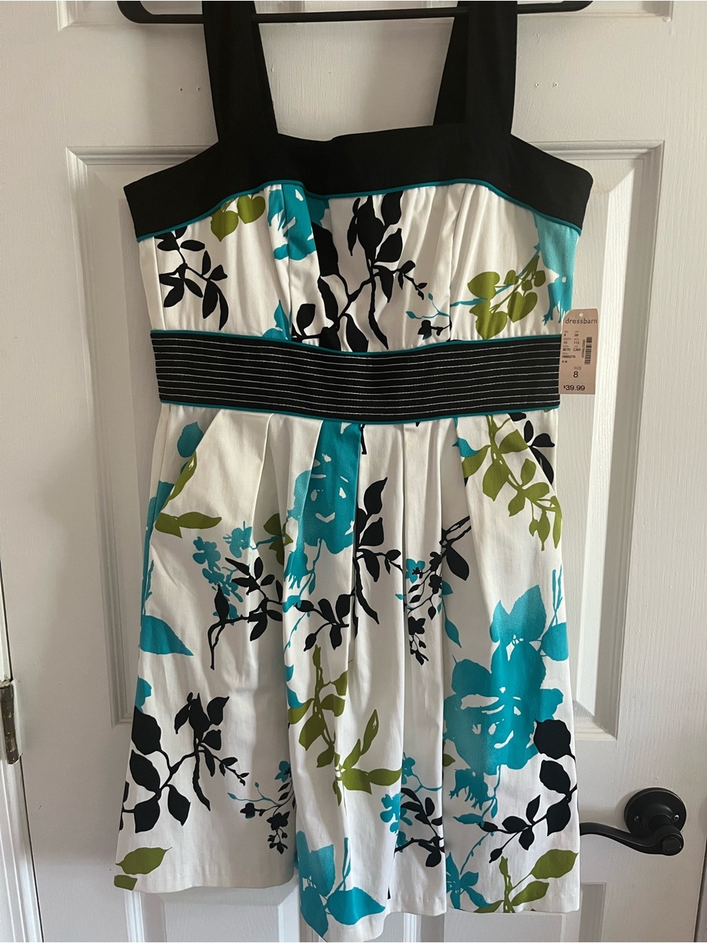 dressbarn White Floral Dress with Black Bodice and Teal Trim Sz 8